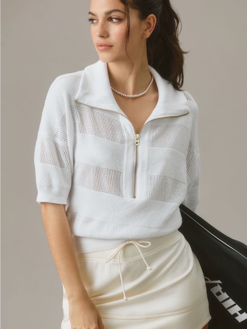 Varley Kembria Half-Zip Knit Top in White, XS.